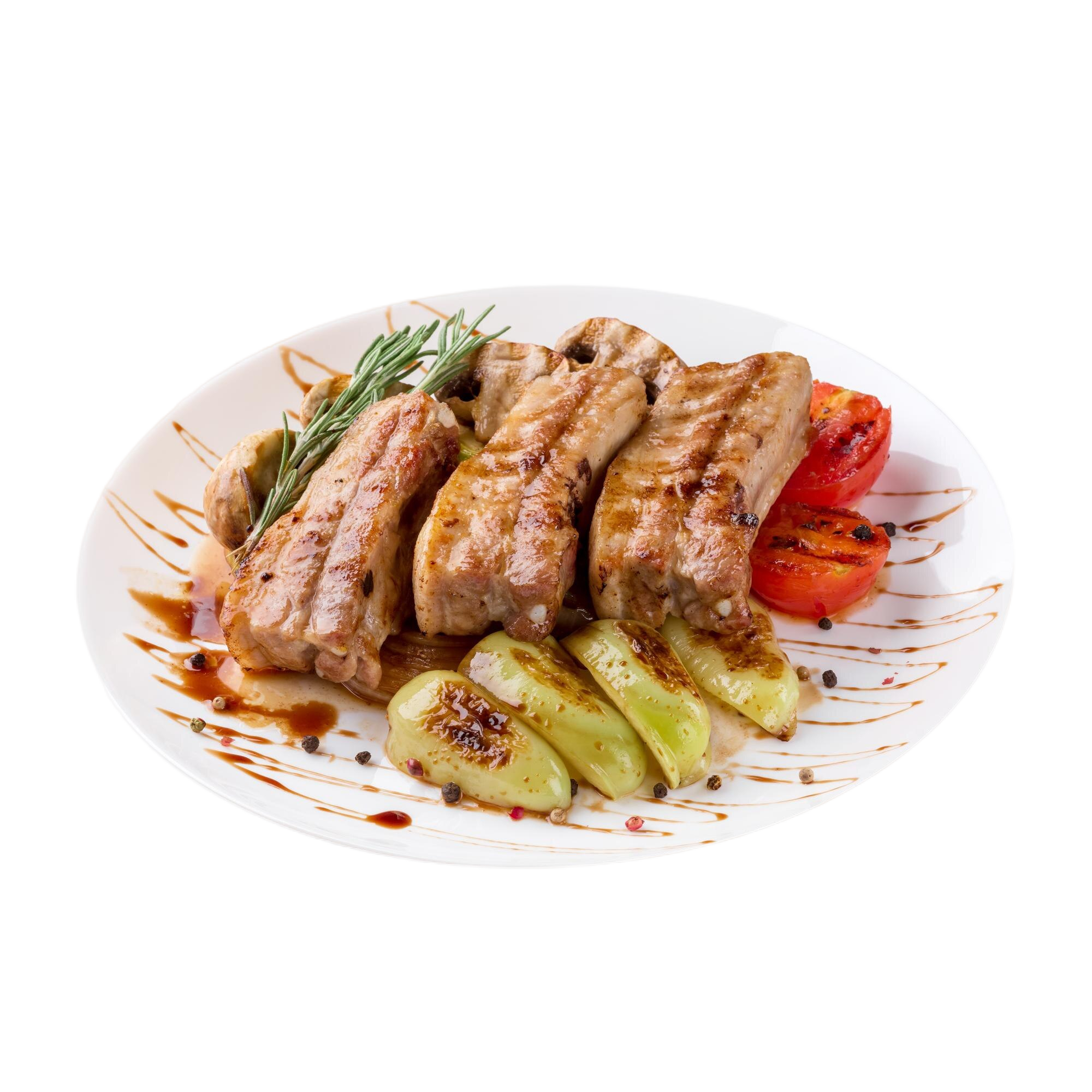 tasty-grilled-ribs-with-vegetables-plate-isolated-white-background-photo-menu